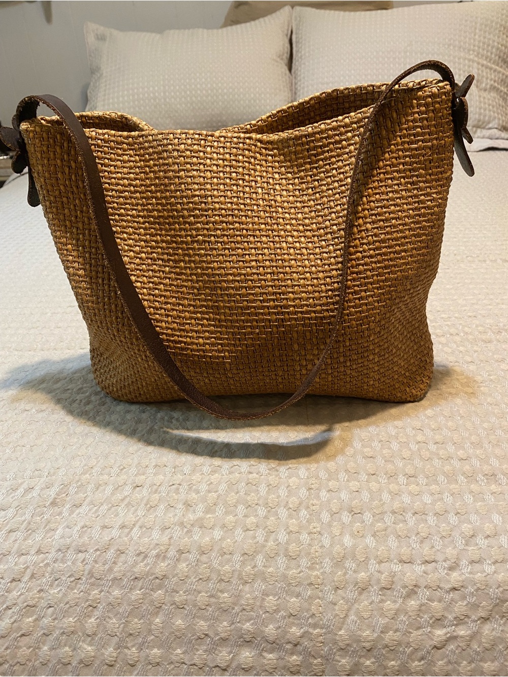 Italian made cotton woven bag with cow hide brown leather strap